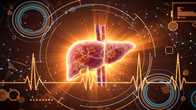 A 3d glowing liver with digital rings and pulse line, symbolizing fatty liver disease, hepatic steatosis analysis