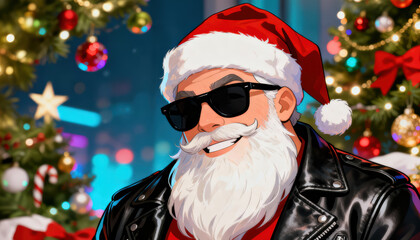 Cool modern Santa Claus in hat sunglasses and leather jacket celebrating happy christmas holiday with confident smile
