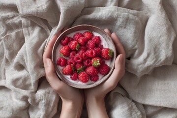 Foods styling magazine content concept. A pair of hands holding a bowl of raspberries on a textured fabric background.