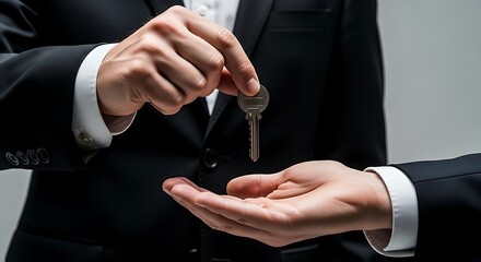 Businessman handing over a key, symbolizing property, security, or new beginnings