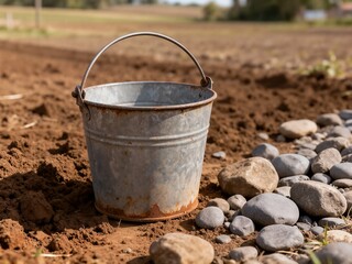 Fototapeta premium An old, rusty metal bucket sits on dry, tilled earth next to a scattering of smooth river stones in a bright, rural agricultural field.