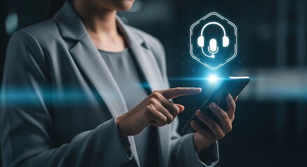 Businessman using smartphone with customer service headset icon