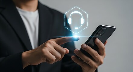 Businessman using smartphone with customer service headset icon