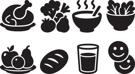 Family Dinner Line and black Icons Set – Food, Meal, Kitchen, Restaurant.