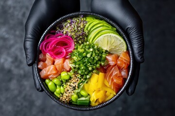 Foods styling magazine content concept. Colorful poke bowl with fresh ingredients in black bowl, held by gloved hands.