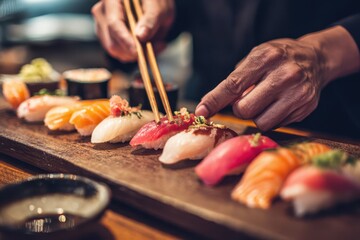 Foods styling magazine content concept. Sushi being delicately plated with chopsticks on a wooden board.