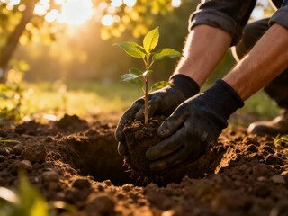 Close-up of gloved hands planting a young tree sapling into a freshly dug hole in the sunlit, dark brown soil of a garden or field.