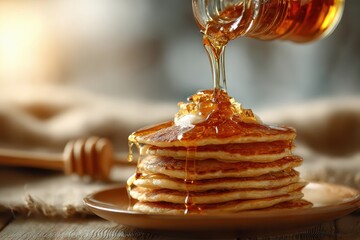 Foods styling magazine content concept. Delicious pancakes topped with syrup and honey on a rustic plate.