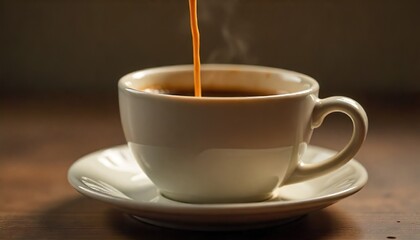 the precise moment espresso is being poured into a small, speckled ceramic cup, creating a rich, frothy surface.