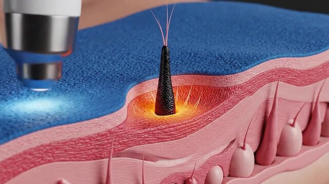 Medical Laser Treatment on Human Skin Layers Close Up Cinematic Shot With Detailed Cutaway Showing Epidermis Dermis And Subcutaneous Tissue Red Light Energy