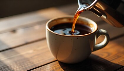 the precise moment espresso is being poured into a small, speckled ceramic cup, creating a rich, frothy surface.
