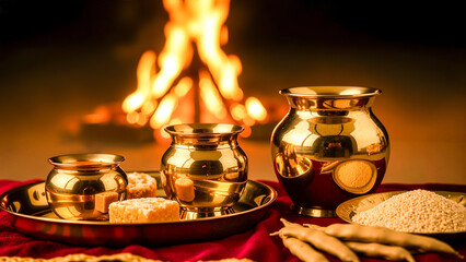 Traditional brass pots and rice arranged on red cloth near fire  