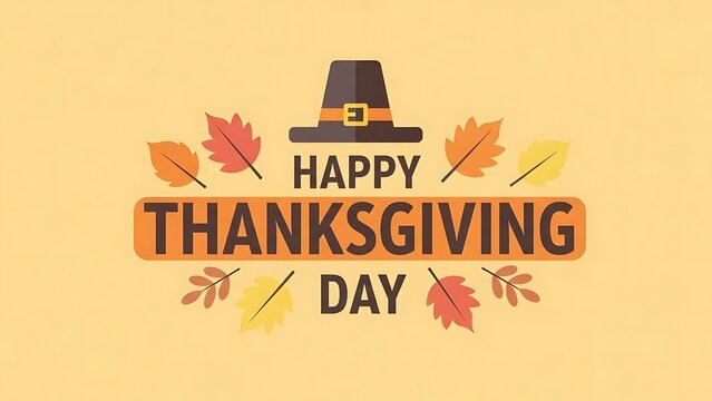 Happy thanksgiving day greeting card with pilgrim hat and autumn leaves