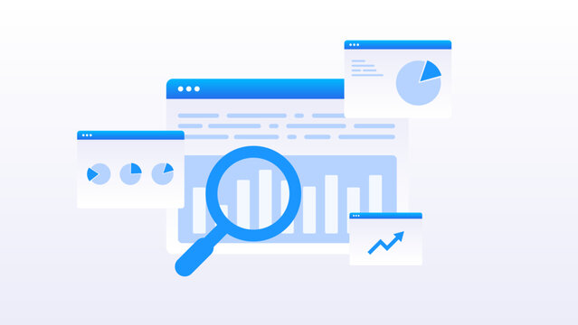 Stock market data analysis with magnifying glass, business financial analytics dashboard, and stock market research.