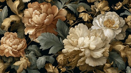 Lush floral arrangement featuring cream, brown, and gold peonies on dark backdrop