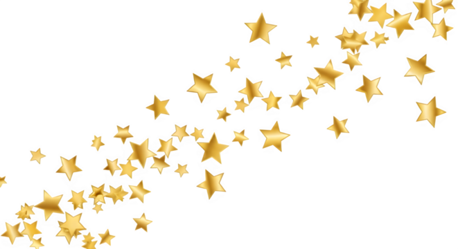 A beautiful stream of shiny golden fivepointed stars floating diagonally across a clean transparent background, perfect for celebration, award, or festive design elements, isolated on transparent back