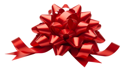 Shiny red gift bow made of ribbon material, perfect for wrapping presents for birthdays, holidays, or special occasions, isolated on transparent background