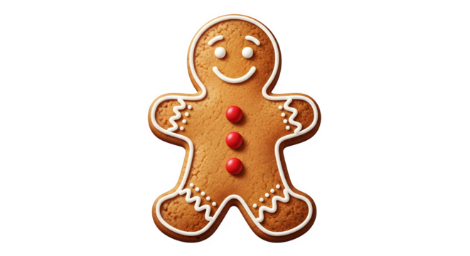 A classic, delicious gingerbread man cookie decorated with white icing smile and trim, featuring three red candy buttons, isolated on transparent background for holiday baking concept