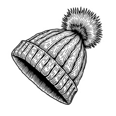 Winter hat with pompom and thick knitted pattern in festive style. Concept of Christmas clothing and cozy cold season wear - winter - holiday accessory