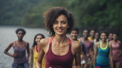 smiling young woman with curly hair running outdoors with diverse group of people during fitness training or marathon race