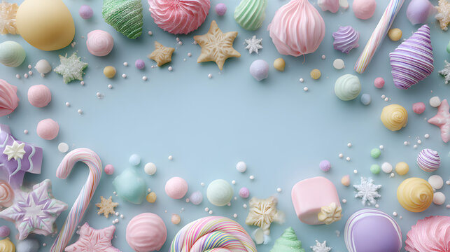 Whimsical pastel candy Christmas design with soft sweets and playful ornaments around open text space 