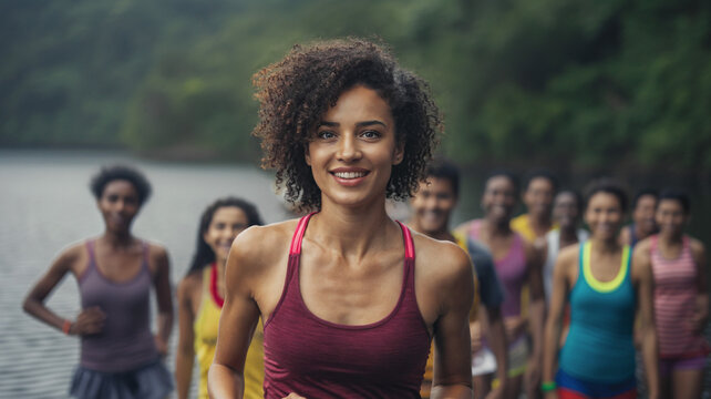 smiling young woman with curly hair running outdoors with diverse group of people during fitness training or marathon race