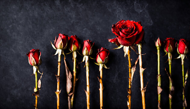 row of red rose buds and blooms with dry stems against dark smoky wall - Powered by Adobe