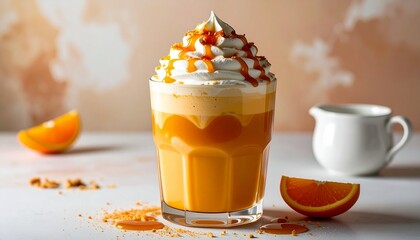 Creamy orange dessert drink with whipped topping and caramel drink