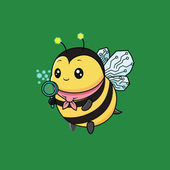 A cheerful bee character features yellow and black stripes, translucent wings, and holds a magnifying glass, blending nature with technology in a fun and engaging way.