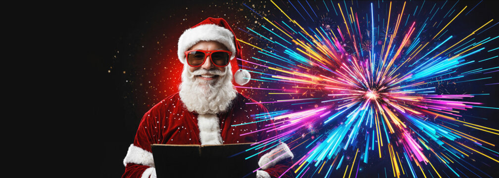 cool santa claus with sunglasses and open book standing next to spectacular colorful neon fireworks explosion and bright light rays