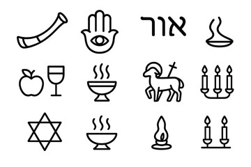 Diverse set of outline icons featuring Jewish and Christian religious symbols and ritual objects