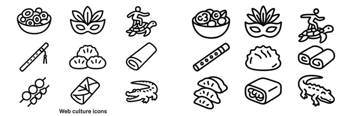 Simple black line graphics featuring global culture elements and traditional food symbols