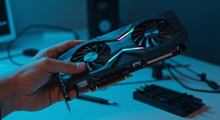 A hand holds a modern high-performance graphics card, highlighting computer technology.Concept of computer hardware and high-tech components.