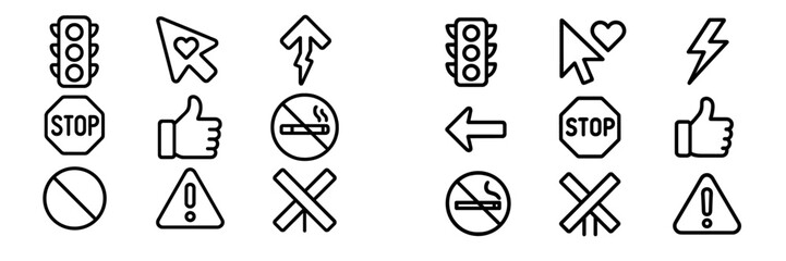 Essential outline icons for web interfaces and mobile apps featuring signs and symbols