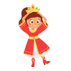 Cartoon girl in red festive princess costume with golden crown, dancing with joy. Winter holiday character for kids projects, Christmas cards and New Year designs Cheerful, playful vector illustration