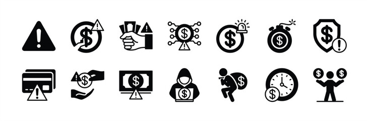 Financial risk icon vector set. Contains bankrupt, digital money exclamation mark, hacking, personal data theft, deadline sign, alert information, credit card warning, security, loan. Illustration