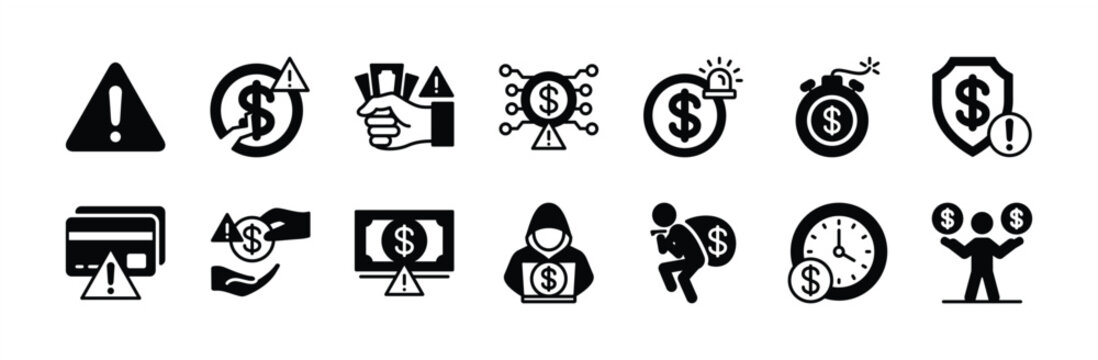Financial risk icon vector set. Contains bankrupt, digital money exclamation mark, hacking, personal data theft, deadline sign, alert information, credit card warning, security, loan. Illustration