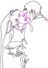 Romantic couple kissing wedding continuous line art