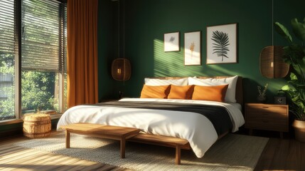 A contemporary and cozy bedroom with a queen bed, bold emerald green walls, and modern wooden finishes, blending warmth with sophistication.