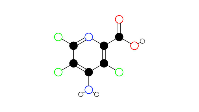 picloram molecule, structural chemical formula, ball-and-stick model, isolated image herbicide