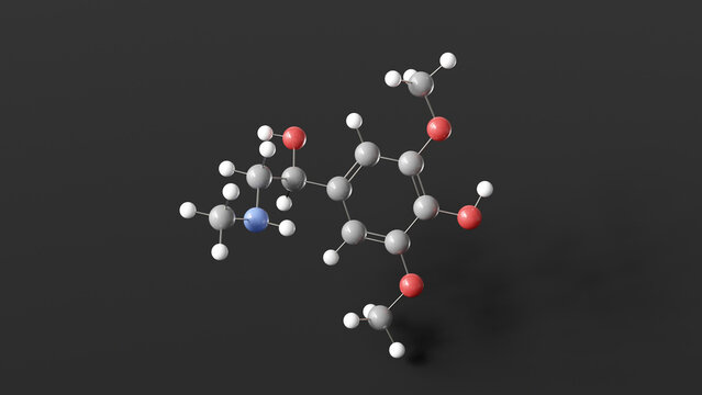 dimetofrine molecule 3d, molecular structure, ball and stick model, structural chemical formula cns stimulant