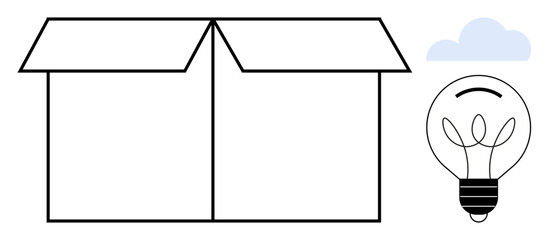 Open cardboard box next to a glowing light bulb and small cloud. Ideal for creativity, innovation, ideas, brainstorming, out-of-the-box thinking, problem-solving, minimal simple flat metaphor