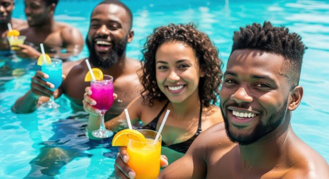 Poolside Cheers: A vibrant scene unfolds as friends gather in a crystal-clear pool, clinking colorful cocktails in a toast to joy, laughter, and the warmth of a perfect day.