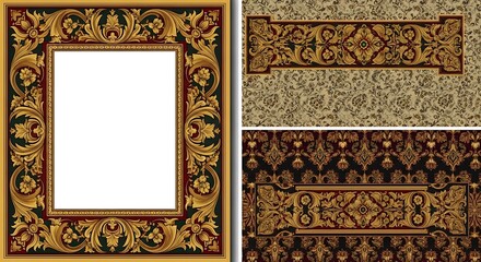 Ornate gold and red decorative border frames with floral and scrollwork patterns.