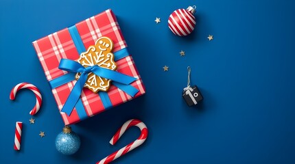 A red plaid gift box tied with a vivid blue ribbon sits on a dark blue background, surrounded by ornaments, stars, and candy canes, evoking Christmas anticipation and New Year festivity