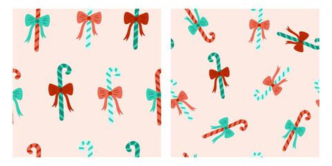 Christmas candy cane seamless pattern with red bows on a cream background. Vector