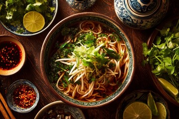 Crossing Bridge Noodles served in bowl, vibrant vegetables, fresh herbs, warm lighting creating inviting atmosphere. Concept of traditional rice noodles broth condiments elegance.