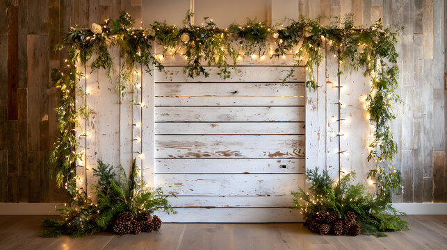 White wooden holiday backdrop with natural greenery, pinecones and warm fairy lights framing the center 