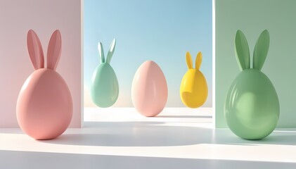 Minimalist 3D Easter Eggs with Bunny Ears in Pastel Colors