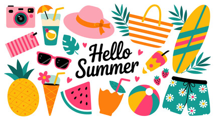 Hello summer" vacation essentials flat lay illustration with vibrant tropical items like hat, surfboard, camera, and drinks for holiday themes.